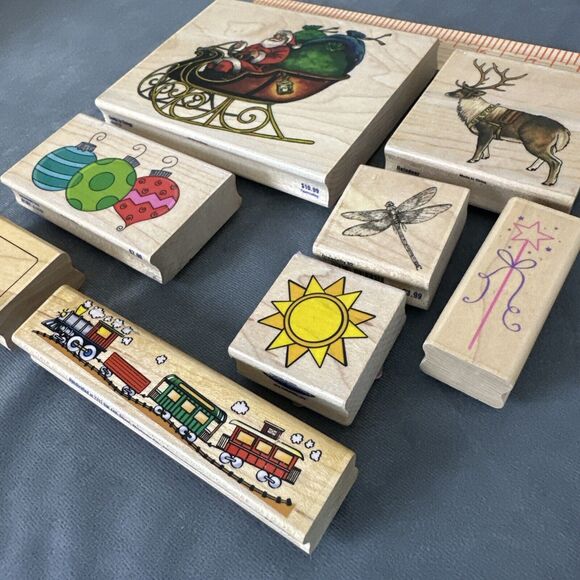 Stampabilities Wood Rubber Stamp Lot Christmas Holiday Santa Reindeer Train Tag - Picture 2 of 11
